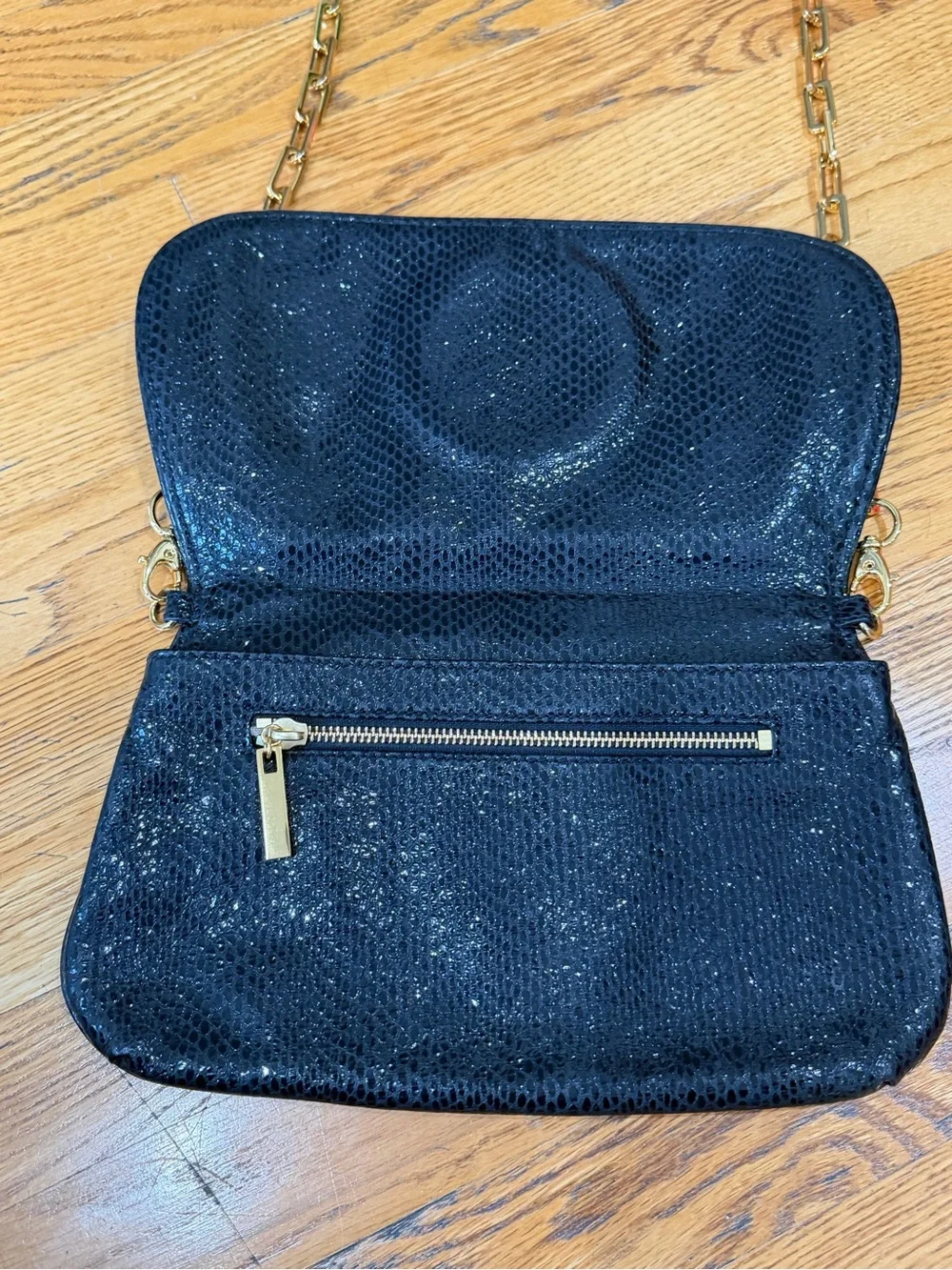 Tory Burch Reva Black Snake Embossed Clutch Crossbody Gold Chain
